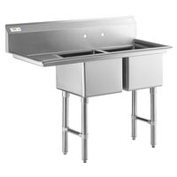Regency 57 inch 16-Gauge Stainless Steel Two Compartment Commercial Sink with Stainless Steel Legs, Cross Bracing, and 1 Drainboard - 17 inch x 17 inch x 12 inch Bowls - Left Drainboard