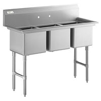 Regency 54 inch 16-Gauge Stainless Steel Three Compartment Commercial Sink with Stainless Steel Legs, Cross Bracing, and without Drainboard - 15 inch x 15 inch x 12 inch Bowls