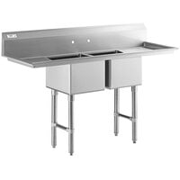 Regency 72 inch 16-Gauge Stainless Steel Two Compartment Commercial Sink with Stainless Steel Legs, Cross Bracing, and 2 Drainboards - 17 inch x 17 inch x 12 inch Bowls
