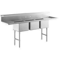 Regency 91 inch 16-Gauge Stainless Steel Three Compartment Commercial Sink with Stainless Steel Legs, Cross Bracing, and 2 Drainboards - 17 inch x 17 inch x 12 inch Bowls