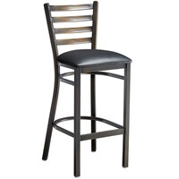 Lancaster Table & Seating Distressed Copper Finish Ladder Back Bar Stool with 2 1/2" Black Vinyl Padded Seat - Assembled