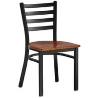 Lancaster Table & Seating Black Finish Metal Ladder Back Cafe Chair with Antique Walnut Wood Seat - Detached Seat