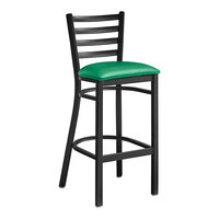 Lancaster Table & Seating Black Finish Ladder Back Bar Stool with 2 1/2" Green Vinyl Padded Seat - Assembled