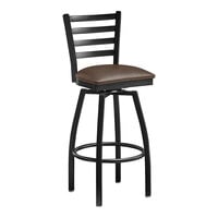 Lancaster Table & Seating Black Finish Ladder Back Swivel Bar Stool with 2 1/2" Dark Brown Vinyl Padded Seat