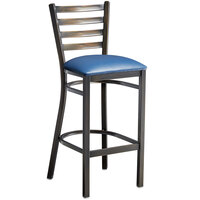 Lancaster Table & Seating Distressed Copper Finish Ladder Back Bar Stool with 2 1/2" Navy Blue Vinyl Padded Seat