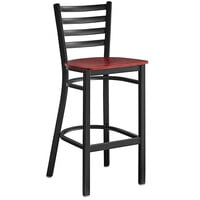 Lancaster Table & Seating Black Finish Ladder Back Bar Stool with Mahogany Wood Seat - Assembled