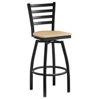 Lancaster Table & Seating Black Top Frame Ladder Back Swivel Bar Height Chair with Natural Wood Seat