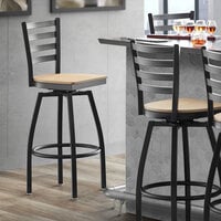 Lancaster Table & Seating Black Top Frame Ladder Back Swivel Bar Height Chair with Natural Wood Seat