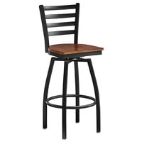 Lancaster Table & Seating Black Top Frame Ladder Back Swivel Bar Height Chair with Antique Walnut Wood Seat