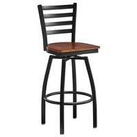 Lancaster Table & Seating Black Finish Ladder Back Swivel Bar Stool with Antique Walnut Wood Seat