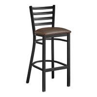 Lancaster Table & Seating Black Finish Ladder Back Bar Stool with 2 1/2" Dark Brown Vinyl Padded Seat - Detached