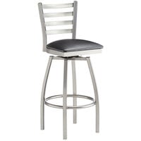 Lancaster Table & Seating Clear Coat Finish Ladder Back Swivel Bar Stool with 2 1/2 inch Black Vinyl Padded Seat