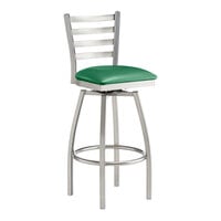Lancaster Table & Seating Clear Coat Finish Ladder Back Swivel Bar Stool with 2 1/2" Green Vinyl Padded Seat