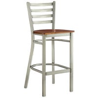 Lancaster Table & Seating Clear Coat Finish Ladder Back Bar Stool with Antique Walnut Wood Seat
