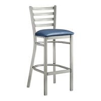 Lancaster Table & Seating Clear Coat Finish Ladder Back Bar Stool with 2 1/2" Navy Blue Vinyl Padded Seat - Detached