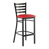 Lancaster Table & Seating Distressed Copper Finish Ladder Back Bar Stool with 2 1/2" Red Vinyl Padded Seat - Assembled