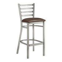 Lancaster Table & Seating Clear Coat Finish Ladder Back Bar Stool with 2 1/2" Dark Brown Vinyl Padded Seat - Assembled