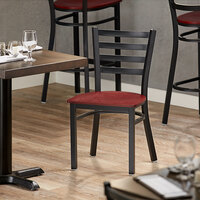 Lancaster Table & Seating Black Finish Metal Ladder Back Cafe Chair with Mahogany Wood Seat - Detached Seat