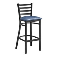 Lancaster Table & Seating Black Finish Ladder Back Bar Stool with 2 1/2" Navy Blue Vinyl Padded Seat - Assembled