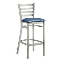 Lancaster Table & Seating Clear Coat Finish Ladder Back Bar Stool with 2 1/2" Navy Blue Vinyl Padded Seat - Assembled