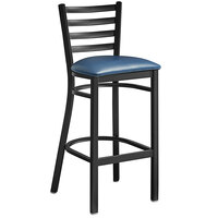 Lancaster Table & Seating Black Finish Ladder Back Bar Stool with 2 1/2" Navy Blue Vinyl Padded Seat
