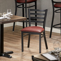 Lancaster Table & Seating Black Finish Metal Ladder Back Cafe Chair with Burgundy Padded Seat - Detached Seat