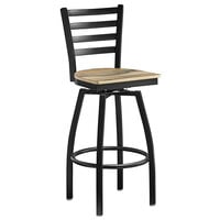 Lancaster Table & Seating Black Finish Ladder Back Swivel Bar Stool with Driftwood Seat