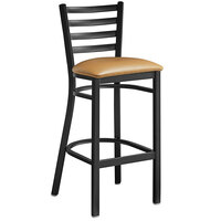 Lancaster Table & Seating Black Finish Ladder Back Bar Stool with 2 1/2" Light Brown Vinyl Padded Seat - Assembled