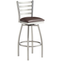 Lancaster Table & Seating Clear Coat Finish Ladder Back Swivel Bar Stool with 2 1/2" Dark Brown Vinyl Padded Seat