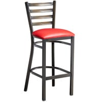 Lancaster Table & Seating Distressed Copper Finish Ladder Back Bar Stool with 2 1/2" Red Vinyl Padded Seat