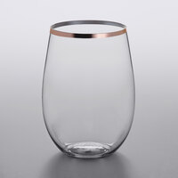 Visions 16 oz. Heavy Weight Clear Plastic Stemless Wine Glass with Rose Gold Rim - 16/Pack
