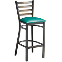 Lancaster Table & Seating Distressed Copper Frame Ladder Back Bar Height Chair with Green Padded Seat - Detached Seat