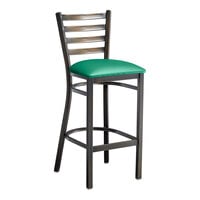 Lancaster Table & Seating Distressed Copper Finish Ladder Back Bar Stool with 2 1/2" Green Vinyl Padded Seat