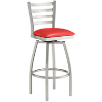 Lancaster Table & Seating Clear Coat Finish Ladder Back Swivel Bar Stool with 2 1/2" Red Vinyl Padded Seat