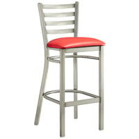 Lancaster Table & Seating Clear Coat Finish Ladder Back Bar Stool with 2 1/2" Red Vinyl Padded Seat - Assembled