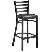 Lancaster Table & Seating Black Finish Ladder Back Bar Stool with 2 1/2" Black Vinyl Padded Seat - Detached