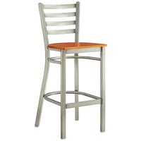 Lancaster Table & Seating Clear Coat Finish Ladder Back Bar Stool with Cherry Wood Seat - Detached