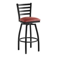 Lancaster Table & Seating Black Finish Ladder Back Swivel Bar Stool with 2 1/2" Burgundy Vinyl Padded Seat