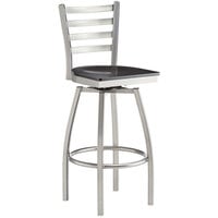 Lancaster Table & Seating Clear Coat Finish Ladder Back Swivel Bar Stool with Black Wood Seat