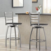 Lancaster Table & Seating Clear Coat Finish Ladder Back Swivel Bar Stool with Black Wood Seat