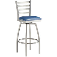 Lancaster Table & Seating Clear Frame Ladder Back Swivel Bar Height Chair with Navy Blue Padded Seat