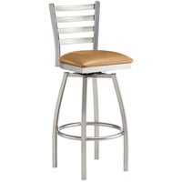 Lancaster Table & Seating Clear Coat Finish Ladder Back Swivel Bar Stool with 2 1/2 inch Light Brown Vinyl Padded Seat