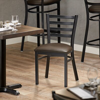 Lancaster Table & Seating Black Finish Metal Ladder Back Cafe Chair with Dark Brown Padded Seat - Detached Seat