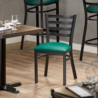 Lancaster Table & Seating Black Finish Metal Ladder Back Cafe Chair with Green Padded Seat - Detached Seat