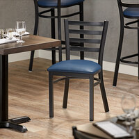 Lancaster Table & Seating Black Finish Metal Ladder Back Cafe Chair with Navy Blue Padded Seat - Detached Seat