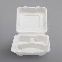 Fineline 42SHDL8S3 Conserveware 8 inch x 8 inch x 2 1/2 inch PLA Lined Bagasse 3 Compartment Low Take-Out Container - 200/Case