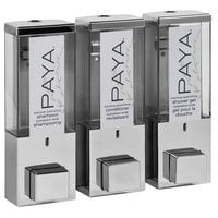 Dispenser Amenities 86344-PAYA iQon 39 oz. Chrome Wall Mounted 3-Chamber Locking Shower Dispenser with Translucent Bottles and Paya Logo