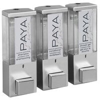 Dispenser Amenities 86334-PAYA iQon 39 oz. Satin Silver Wall Mounted 3-Chamber Locking Shower Dispenser with Translucent Bottles and Paya Logo
