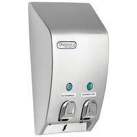 Dispenser Amenities 31234 Classic 29 oz. Satin Silver 2-Chamber Wall Mounted Locking Bulk Amenity Dispenser