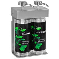 Dispenser Amenities 39234-O3-GK SOLera 24 oz. Stainless Steel Wall Mounted Adjustable 2-Chamber Locking Shower Dispenser with Oval Bottles and Ginkgo Label